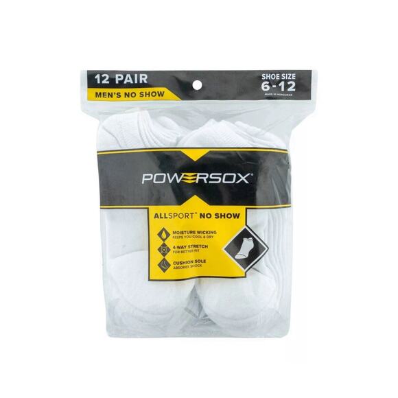 Men's Powersox All Sport Moisture Wicking No Show Socks 12 Pair White Sizes 6-12 - Picture 4 of 9